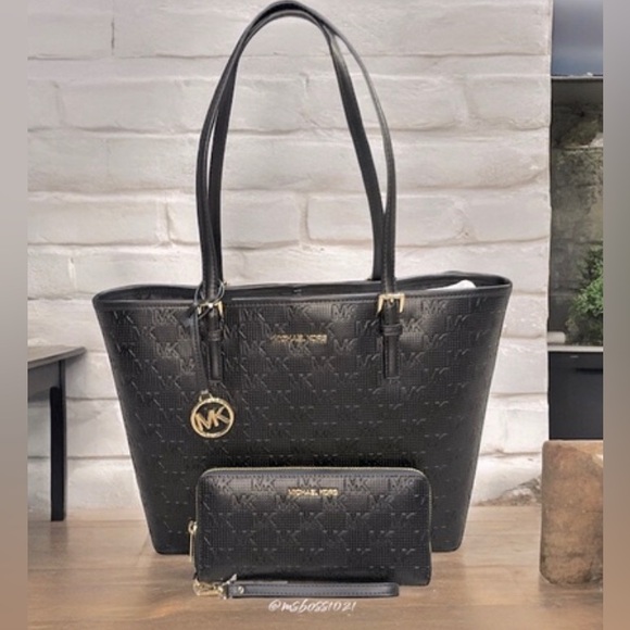 MICHAEL KORS RARE Embossed Logo Tote + Large Wallet in Black NWT